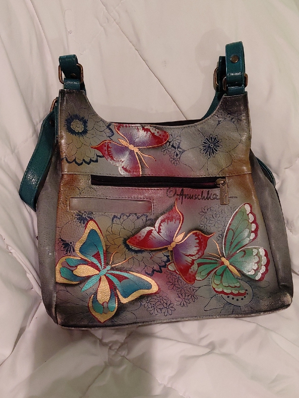 Anuschka Teal and Multi-Color Hand-Painted Butterfly Leather Shoulder Bag